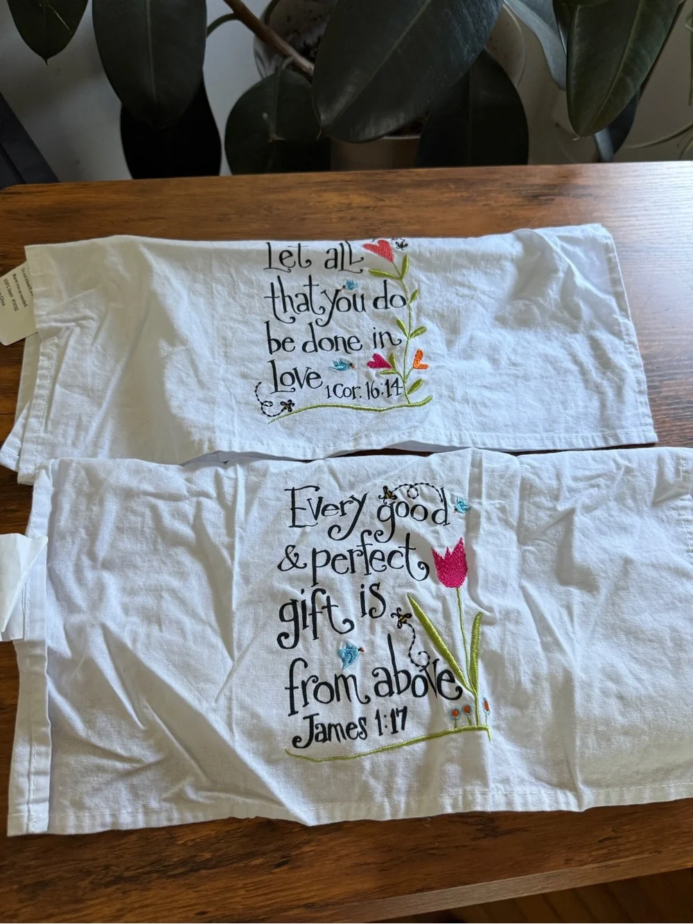 (2) religious quotes - James 1:17, 1Cor 16:14 Dish towels